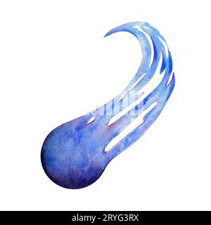 Watercolor drawing of flying blue fiery flame comet. Scillfully painted illustration isolated on white background. For logo banners icon cards Stock Photo