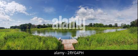 Rural summer landscape near Yaroslavl in Russia. Lush green lakeside. Stock Photo