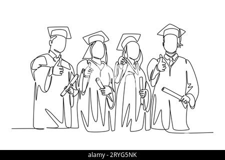 Single one line drawing group of graduate male and female college student wearing gown uniform and hold diploma certificate paper. Education concept. Stock Photo