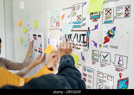 Close up ux developer and ui designer brainstorming interface wireframe design.Creative digital development agency Stock Photo