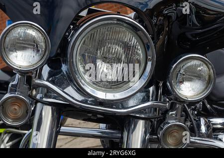 Carryduff, County Down Northern Ireland September 23 2023 - Harley Davidson Road King headlight cluster up close Stock Photo