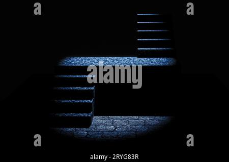 Stone staircase in an old castle in the moonlight. Stock Photo