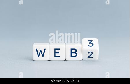 From web 2.0 to web 3.0 concept. Wooden blocks with text on gray background. Copy space Stock Photo