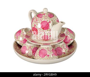 A vintage oriental ceramic teapot and cups isolated on a white background Stock Photo