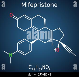 Mifepristone, molecule. Structural chemical formula on the dark blue background. Stock Vector