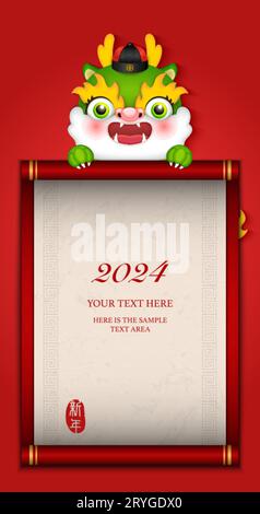 Chinese new year of cute cartoon dragon and Chinese style red scroll paper template. Chinese translation : New year Stock Vector