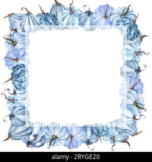 Watercolor frame with autumn pumpkins. Floral arrangement with blue pumpkins. Harvest Wreath Stock Photo