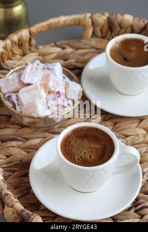 Turkish coffee and Turkish delight on a tray Stock Photo