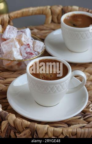 Turkish coffee and Turkish delight on a tray Stock Photo