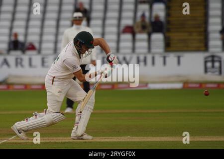 Chester le Street, 28 September 2023. Ben Cox batting for Leicestershire against Durham Cricket in the County Championship Division 2 game at Seat Unique Riverside. Credit: Colin Edwards Stock Photo