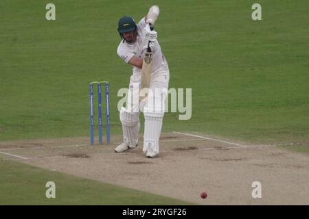 Chester le Street, 28 September 2023. Chris Wright batting for Leicestershire against Durham Cricket in the County Championship Division 2 game at Seat Unique Riverside. Credit: Colin Edwards Stock Photo