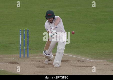 Chester le Street, 28 September 2023. Ben Cox batting for Leicestershire against Durham Cricket in the County Championship Division 2 game at Seat Unique Riverside. Credit: Colin Edwards Stock Photo