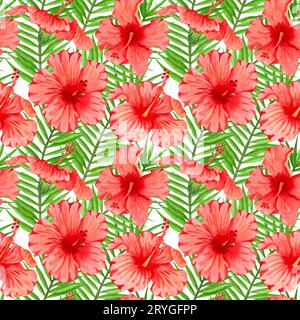 Watercolor seamless tropical floral pattern. Red hibiscus and palm leaves on white background. Hand drawn watercolor seamless pa Stock Photo