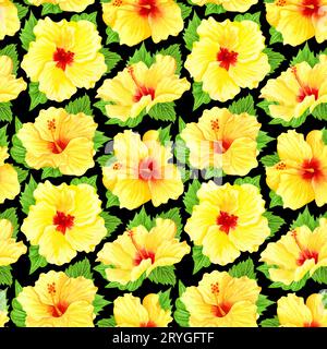 Watercolor seamless tropical floral pattern. Yellow hibiscus and leaves on black background. Hand drawn watercolor seamless patt Stock Photo