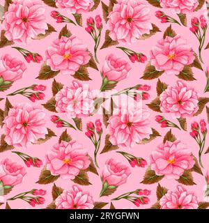 Watercolor cherry blossom, pink flowers and brown leaves. Floral repeating pattern. Hand drawn seamless pattern of blooming saku Stock Photo