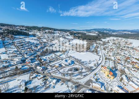 Aerial view to Frauenau on National Park Bavarian Forest on a sunny day in wintertime Stock Photo
