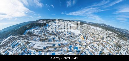 Aerial view to Frauenau on National Park Bavarian Forest on a sunny day in wintertime Stock Photo