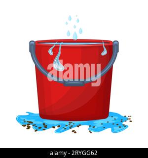 Red bucket with water.Plastic bucket filled water standing in puddle. Liquid container.Pail with handle.Drops of water are dripping into bucket.Vector Stock Vector