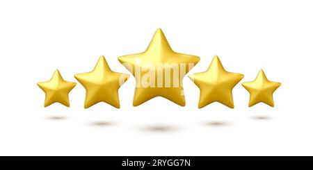 Gold Stars 3D icon. Render five yellow stars isolated on white background. Vector illustration Stock Vector
