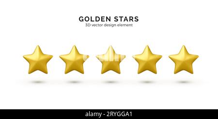 Five gold stars. 3D stars rating yellow colors. Customer rating feedback concept from client about employee of website. Mobile application icon. Vecto Stock Vector