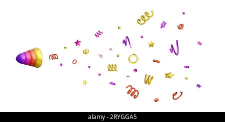 3D party popper. Cartoon render of color party cracker with confetti. Vector illustration Stock Vector