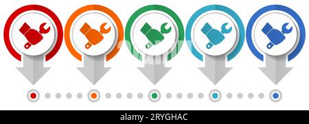 Spanner in hand vector icon set, flat design infographic template, set pointer concept icons in 5 color options for webdesign and mobile applications Stock Vector