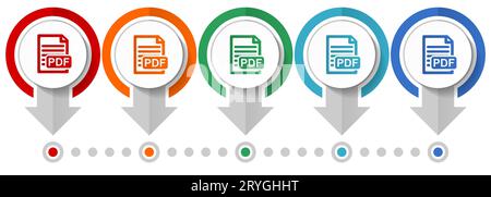 PDF file, digital document vector icon set, flat design infographic template, set pointer concept icons in 5 color options for webdesign and mobile ap Stock Vector