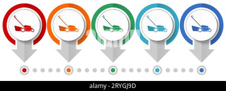 Lawn mower vector icon set, flat design infographic template, set pointer concept icons in 5 color options for webdesign and mobile applications Stock Vector
