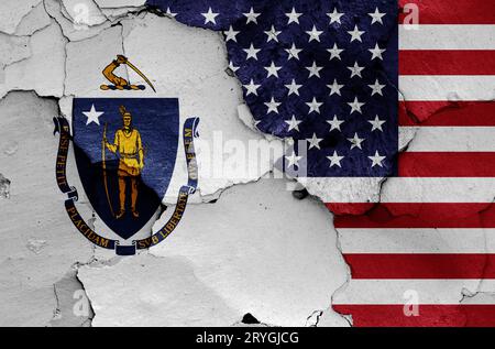 Flags of Massachusetts and USA painted on cracked wall Stock Photo