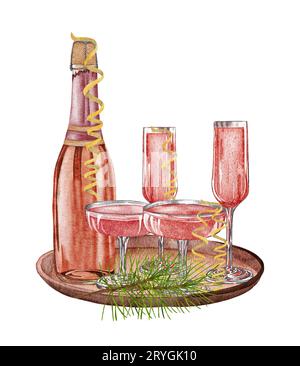 Watercolor champagne. Bottle of Rose vine and a glass isolated on white background. Hand drawn original watercolor illustration Stock Photo