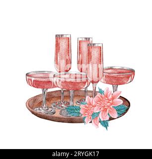 Watercolor champagne. Bottle of Rose vine and a glass isolated on white background. Hand drawn original watercolor illustration Stock Photo