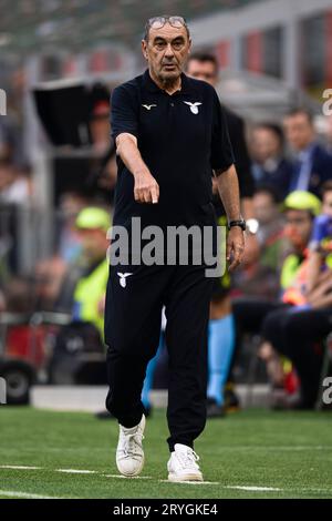Maurizio Sarri, head coach of SS Lazio, gestures during the Serie A football match between AC Milan and SS Lazio. Stock Photo