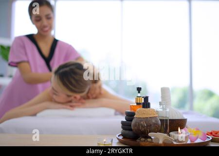 Pretty women spend time at resort and spa hotel. Travel and leisure activity concept. Stock Photo