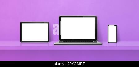 Laptop, mobile phone and digital tablet pc on purple wall shelf. Banner background Stock Photo