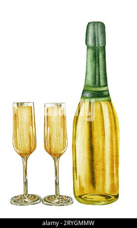 Watercolor Champagne Bottle And Glasses. White Sparkling Wine 