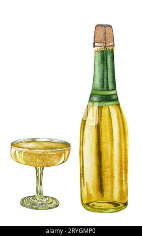 Watercolor Champagne Bottle And Glasses. White Sparkling Wine 