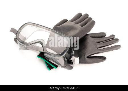 Protective safety glasses and work gloves isolated on white background Stock Photo