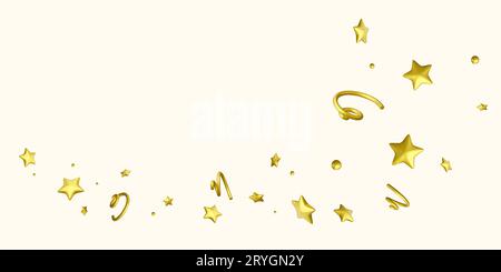 3D Party confetti with star, spirals and serpentine ribbon. Golden festive decoration elements for banner and poster. Vector illustration Stock Vector
