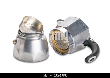 Parts of moka pot on white background. Stock Photo