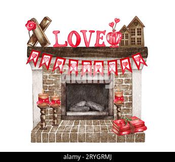 Watercolor Valentines Day living room composition with fireplace, heart, flowers, buntings, candles. Romantic home illustration. Stock Photo