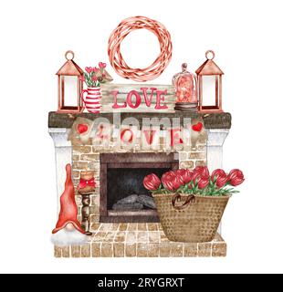 Watercolor Valentines Day living room composition with fireplace, heart, flowers, buntings, candles. Romantic home illustration Stock Photo