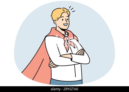 Smiling motivated man wearing superman coat satisfied with achievement or accomplishment. Happy successful businessman in superhero coat. Vector illustration. Stock Vector