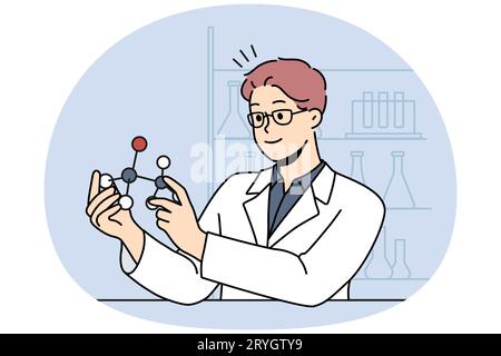 Smiling male scientist working with atom model in laboratory. Happy man researcher in uniform busy in lab. Science and biotechnology. Vector illustration. Stock Vector