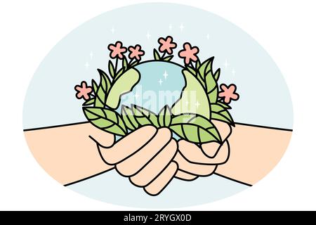Person hands holding planet earth with blooming flowers. Activist or volunteer take care of environment. Nature protection concept. Vector illustration. Stock Vector