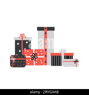 Big pile of wrapped gift boxes decorated with ribbon, bows and ornaments. Lots of holiday presents. Isolated on white background. Vector illustration Stock Vector