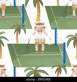 Seamless pattern with cute tennis player monster, boy repeat paper Stock Photo