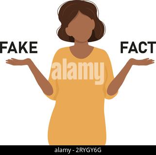 Black woman shrugging with a curious expression and trying to choose between fake and fact, doubt or question. Vector illustration Stock Vector