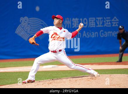 Shaoxing, China's Zhejiang Province. 1st Oct, 2023. Su Changlong of China competes during the Men's Second Group Round A of Baseball at the 19th Asian Games in Shaoxing, east China's Zhejiang Province, Oct. 1, 2023. Credit: Weng Xinyang/Xinhua/Alamy Live News Stock Photo