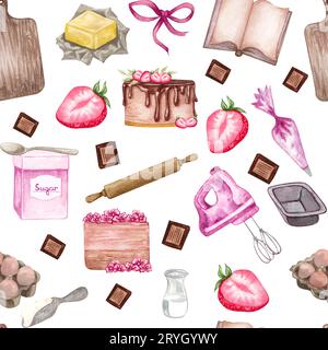 Seamless pattern with cute hand drawn dessert, tea and baking theme doodle elements. watercolor pink background. For wrapping pa Stock Photo