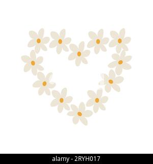 Floral wreath from daisies in the shape of heart on white background. May use for greeting cards, invitations, wedding, birthday.Vector illustration Stock Vector